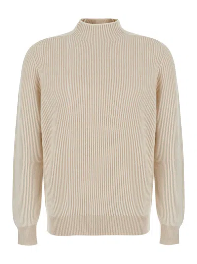 Brunello Cucinelli Beige Ribbed Cashmere Sweater With High Collar And Regular Fit For Men In Neutral