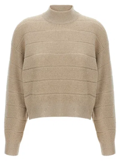 BRUNELLO CUCINELLI BEIGE RUSTIC DAZZLING NET CROPPED SWEATER
