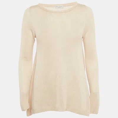 Pre-owned Brunello Cucinelli Beige Sequin Detail Linen And Silk Knit Top Xs