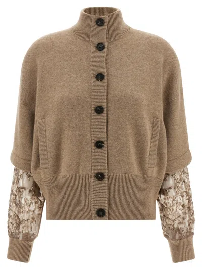 BRUNELLO CUCINELLI BEIGE SEQUIN SLEEVE CARDIGAN