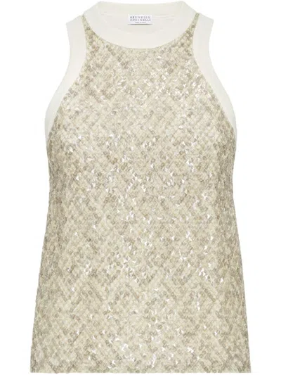 Brunello Cucinelli Beige Sequinned Embroidered Tank Top In Brown