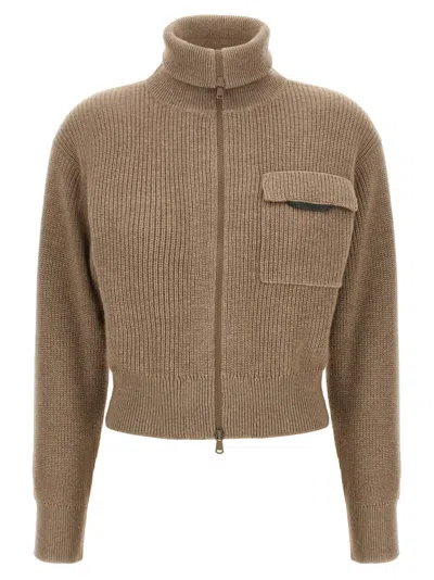 BRUNELLO CUCINELLI BEIGE SHINY FLAP DETAIL CARDIGAN