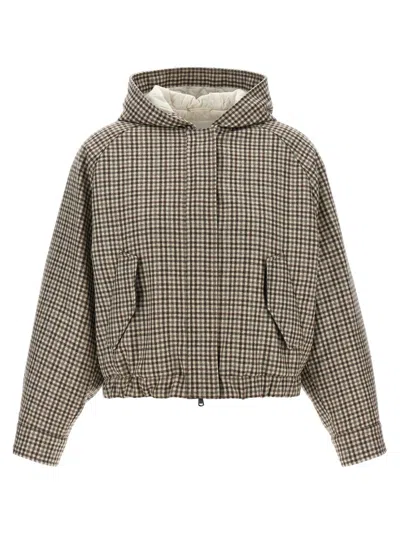 BRUNELLO CUCINELLI BEIGE SHINY ZIPPER PULL CHECK JACKET