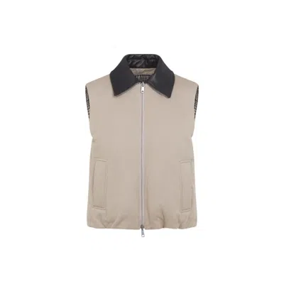 Brunello Cucinelli Reversible Checked Padded Cotton And Linen Gilet In Neutral
