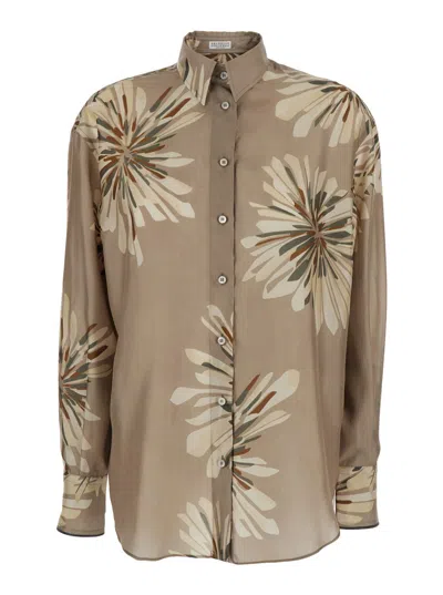 Brunello Cucinelli Beige Shirt With All-over Print In Silk Woman In Brown