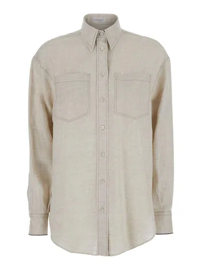 Brunello Cucinelli Beige Shirt With Chest Pockets And Monile Decorations In Linen Woman
