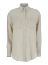 Brunello Cucinelli Beige Shirt With Chest Pockets And Monile Decorations In Linen Woman In Neutral