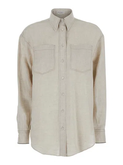 Brunello Cucinelli Beige Shirt With Chest Pockets And Monile Decorations In Linen Woman