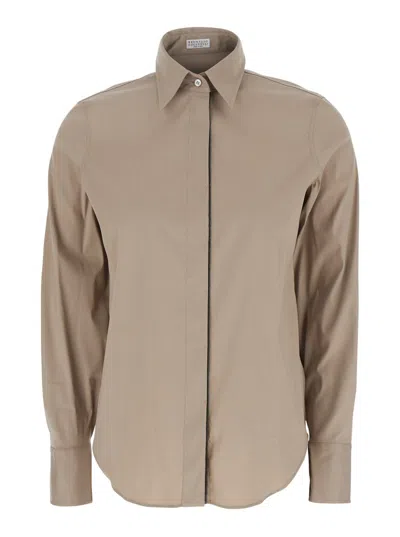 BRUNELLO CUCINELLI BEIGE SHIRT WITH CLASSIC COLLAR AND MONIL DETAIL ON THE FRONT N COTTON BLEND WOMAN