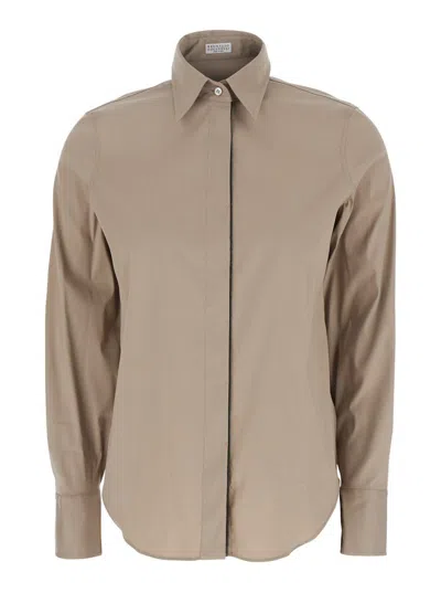 BRUNELLO CUCINELLI BEIGE SHIRT WITH CLASSIC COLLAR AND MONIL DETAIL ON THE FRONT N COTTON BLEND WOMAN