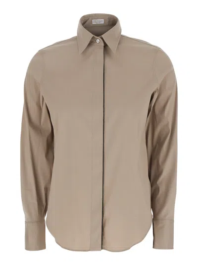 BRUNELLO CUCINELLI BEIGE SHIRT WITH CLASSIC COLLAR AND MONIL DETAIL ON THE FRONT N COTTON BLEND WOMAN