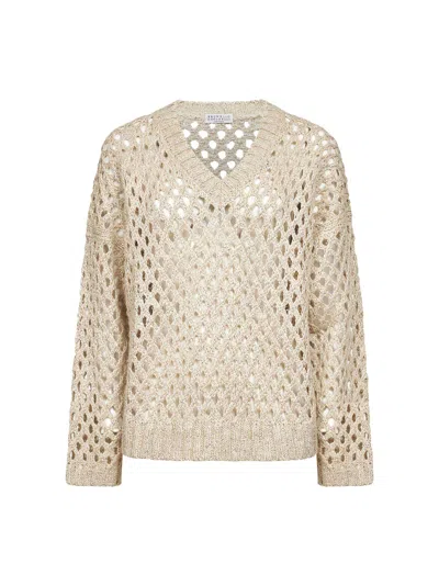Brunello Cucinelli Beige Silk And Linen Dazzling Net Sweater In Neutral
