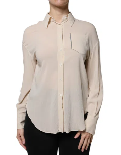 Pre-owned Brunello Cucinelli Beige Silk Blend Collared Button Down Women's Top () In Sand