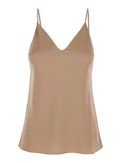 Brunello Cucinelli Women Beige Silk Blend Top With Spaghetti Straps And V Neck Woman In Brown