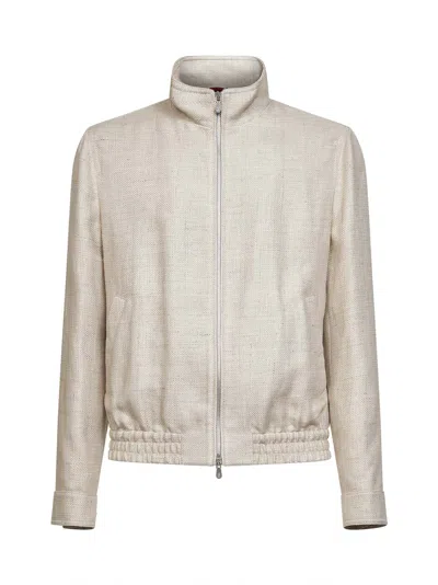 Brunello Cucinelli Beige Silk, Linen And Wool Hopsack Jacket In Nude