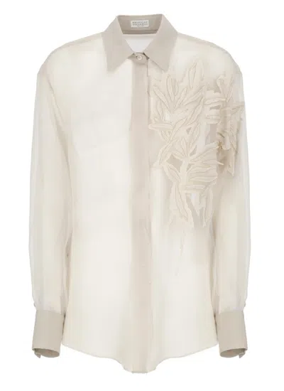 Brunello Cucinelli Beige Silk Shirt With Classic Collar