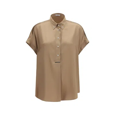 Brunello Cucinelli Beige Silk Shortsleeve Shirt In Brown