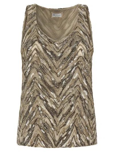 Brunello Cucinelli Beige Silk Tank Women's Tops In Brown