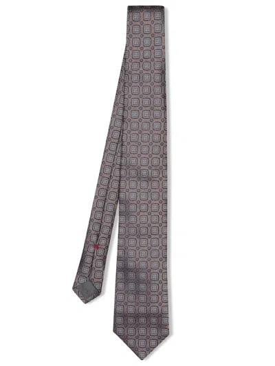 BRUNELLO CUCINELLI BEIGE SILK TIE WITH GEOMETRIC PATTERN