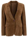 Brunello Cucinelli Beige Single-breasted Blazer Jacket With Pointed Lapels In Suede Woman In Beige