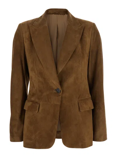 Brunello Cucinelli Beige Single-breasted Blazer Jacket With Pointed Lapels In Suede Woman In Sesame