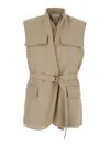 Brunello Cucinelli Beige Sleeveless Belted Jacket With Monil Detail On The Rear In Cotton Woman In Neutrals