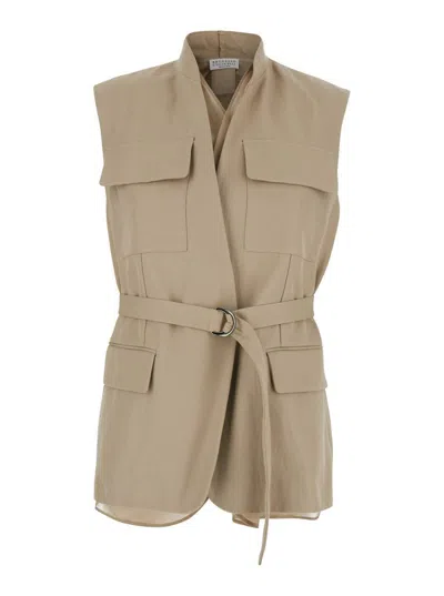 Brunello Cucinelli Beige Sleeveless Belted Jacket With Monil Detail On The Rear In Cotton Woman