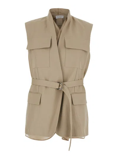 Brunello Cucinelli Beige Sleeveless Belted Jacket With Monil Detail On The Rear In Cotton Woman