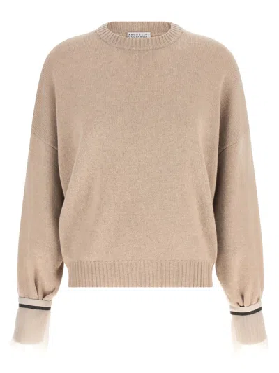BRUNELLO CUCINELLI BEIGE SOLID CREW NECK SWEATER