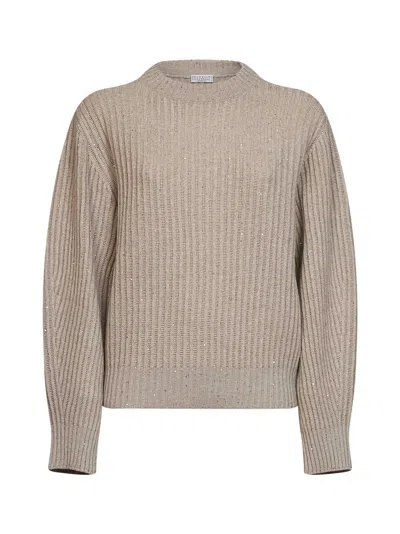 Brunello Cucinelli Dazzling Sequin-embellished Ribbed-knit Sweater In Neutral