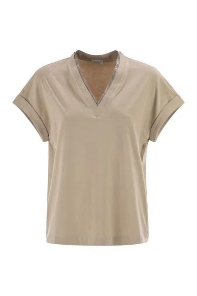 Brunello Cucinelli Women Stretch Cotton Jersey T-shirt With Precious Neckline In Neutral