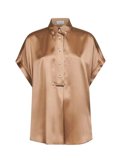 Brunello Cucinelli Beige Stretch Satin Monili Shirt In Brown