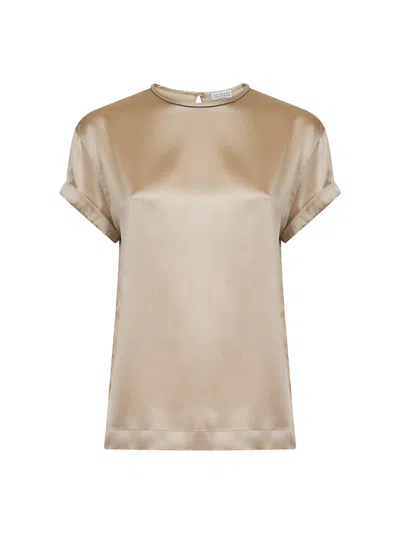 Brunello Cucinelli Beige Stretch Silk Satin Monili Blouse