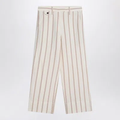 BRUNELLO CUCINELLI BEIGE STRIPED TROUSERS IN LINEN AND COTTON