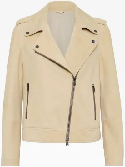 Brunello Cucinelli Beige Suede Biker Jacket In Neutral
