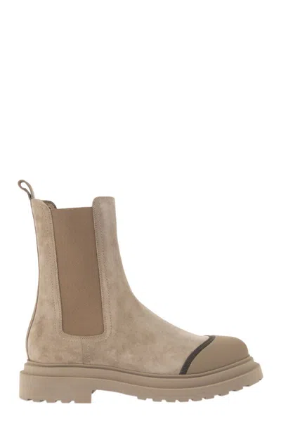 BRUNELLO CUCINELLI BEIGE SUEDE CHELSEA BOOT WITH PRECIOUS DETAIL FOR WOMEN