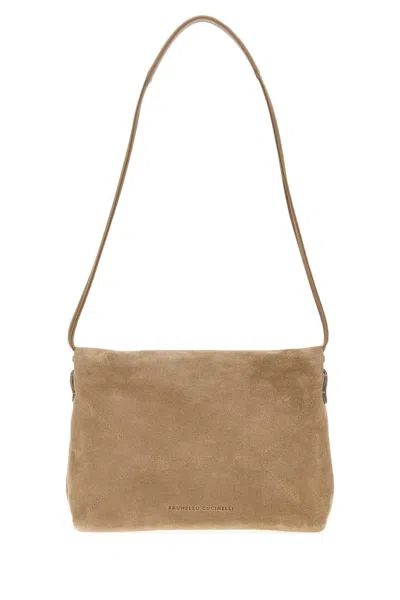 Brunello Cucinelli Beige Suede Shoulder Bag In Neutral