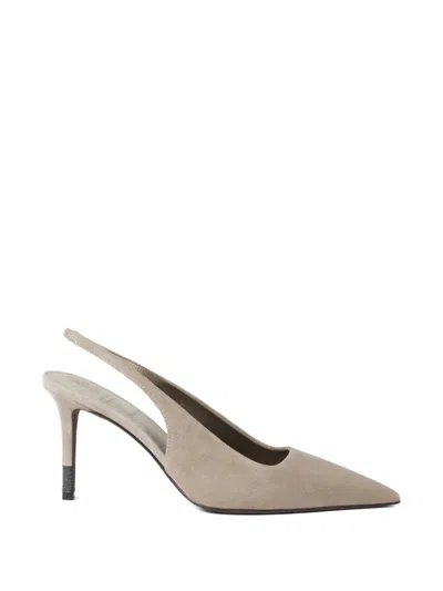 Brunello Cucinelli Beige Suede Slingback Pumps In Gray