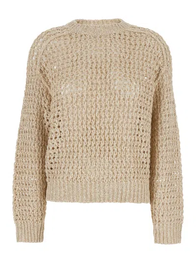 BRUNELLO CUCINELLI BEIGE SWEATER WITH MICRO SEQUINS IN MESH KNIT WOMAN