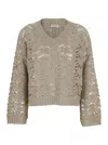 Brunello Cucinelli Beige Sweater With V Neck And Perforated Details In Linen Blend Woman In Beige