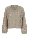 Brunello Cucinelli Beige Sweater With V Neck And Perforated Details In Linen Blend Woman In Beige