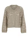Brunello Cucinelli Beige Sweater With V Neck And Perforated Details In Linen Blend Woman In Beige