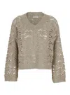 Brunello Cucinelli Beige Sweater With V Neck And Perforated Details In Linen Blend Woman