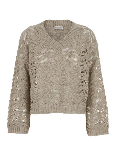 Brunello Cucinelli Beige Sweater With V Neck And Perforated Details In Linen Blend Woman