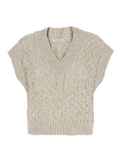 Brunello Cucinelli Beige V-neck Vest With Sequin Detailis In Sil And Linen Blend Woman In Sand