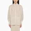 Brunello Cucinelli Beige White Black Striped Cotton Silk Shirt With Pointed Collar For Women In Multicolor