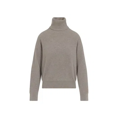 Brunello Cucinelli Beige Wool-cashmere Turtleneck Pullover With Ribbed Texture In Gray
