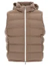 Brunello Cucinelli Men Sleeveless Wool Down Jacket With Detachable Hood In Sand