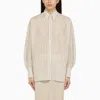 Brunello Cucinelli Beige White Black Striped Cotton Silk Shirt With Pointed Collar For Women In Multicolor