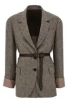 Brunello Cucinelli Tailored Houndstooth Blazer With Matching Waist Belt In Brown
